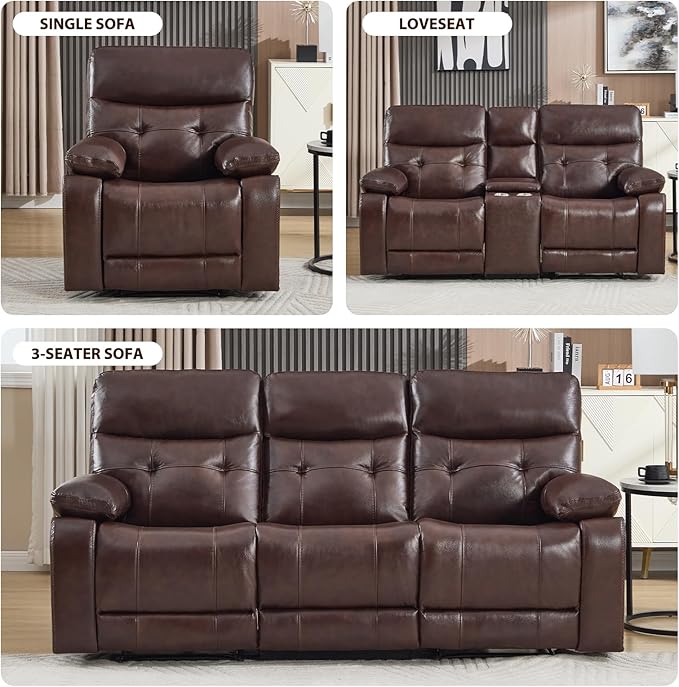 CANMOV Genuine Leather Power Recliner Sofa Set,Power Recliner Chair and Sofa Set, 2 Pieces Leather Couch with Storage Console, USB Ports, Cup Holders for Living Room,Dark Brown