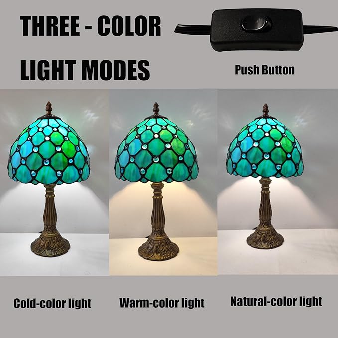 Small Tiffany Table Lamp 8 Inch Tiffany Style Desk Lamp Stained Glass Antique Light Bedroom Bedside Lamp Retro Reading Lamps (Green Pearls Style)