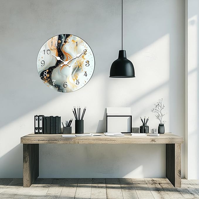 Modern Marble Texture Clock Wihte Hands Rustic Kitchen Decor 14 Inch Wall Clock Battery Operated Non-Ticking Large Round Quartz Simp Decorative for Office, Bedroom, Living Room