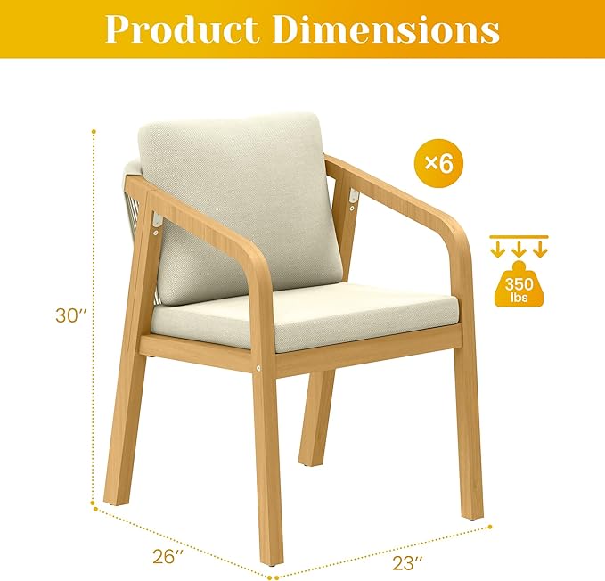 Wisteria Lane Acacia Patio Dining Chairs Set of 2, Outdoor Wood Chairs with Thick Cushions, Modern Patio Seating with Woven Rope Backrest for Porch, Backyard, Garden, Indoor Use, Beige