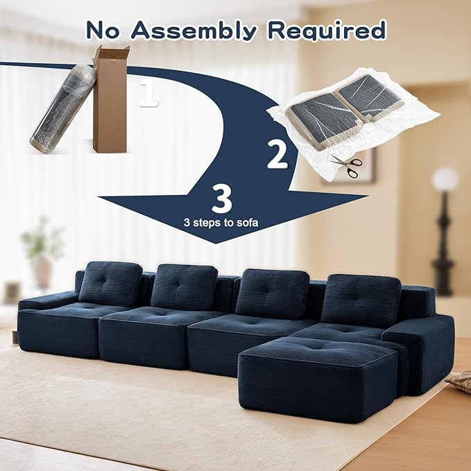 150" Modern Compressed Boneless Couch with Ottoman, 4 Seater Large L Shaped Sectional Couches for Living Room, Blue Corduroy Cloud Modular Sectional Sofa, Memory Foam, Extra Deep, No Assembly