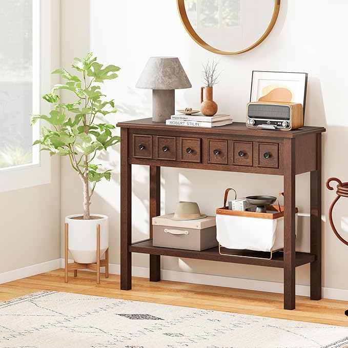 Giantex 2-Tier Narrow Console Table, 38" Retro Entryway Table with 2 Drawers and Open Storage Shelf, Wood Accent Sofa Tables for Living Room, Foyer, Hallway, Bedroom, Entrance