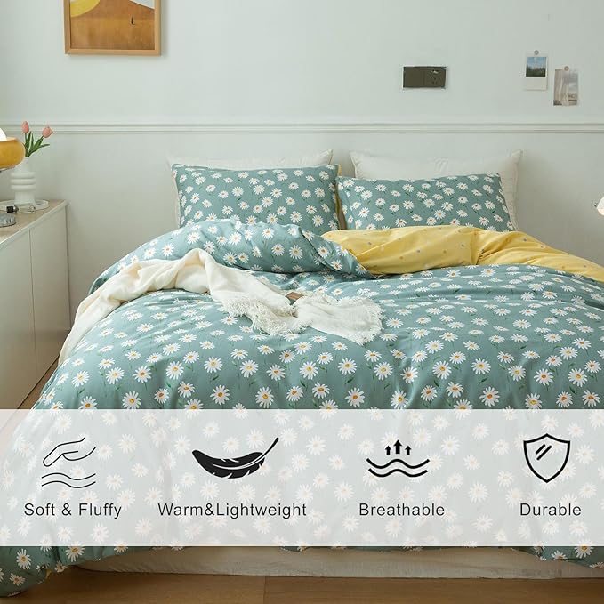 EAVD Fresh Garden Style Daisy Floral Queen Comforter Set Sage Green Fluffy Soft Microfiber Chic Flower Bedding Set for Girls Women Vintage Style Botanical Comforter Set for All-Season