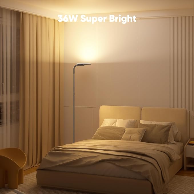 36W LED Floor Lamp, Super Bright Standing Lamp, Modern Stepless Dimmable Torchiere Lamp with Remote Control, 350°Rotating Head Reading Floor Lamp for Living Room, Bedroom, Office - Gunmetal