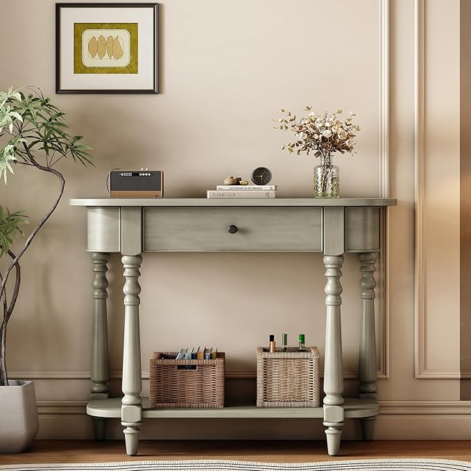 HMFULE Retro Curved Console Table, 36" Solid Wood Half Moon Console Table Sofa Table Entryway Table with 1 Drawer 1 Open Shelf Roman Legs Curved Corners for Living Room,Entryway,Hallway,Gray
