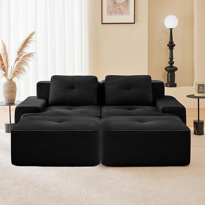 80" Modern Compressed Boneless Love Seat Couches with 2 Ottomans, 2 Seater Large Sectional Couches for Living Room, Black Corduroy Cloud Modular Sectional Sofa, Memory Foam, Deep Loveseat, No Assembly