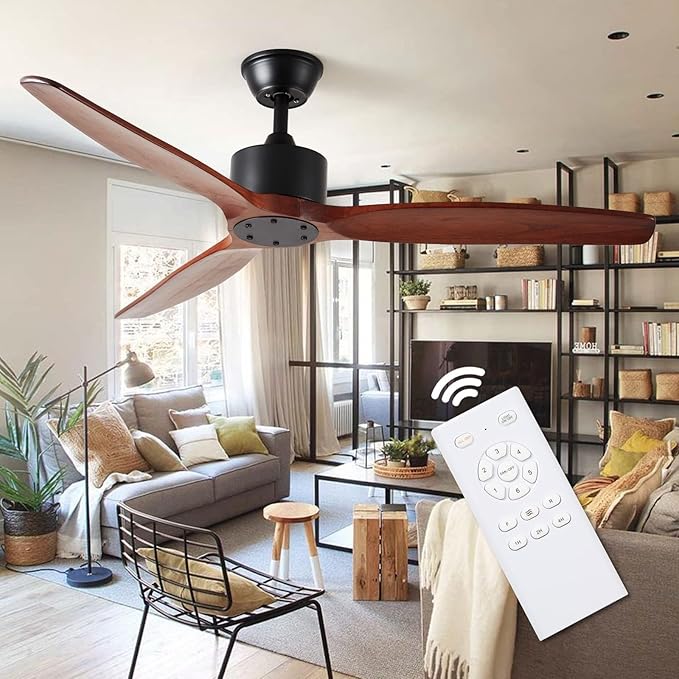52 inch 3 blade Wood ceiling fan without light, Noiseless Reversible DC Motor Walnut Ceiling Fan Without Light for Farmhouse Patio Living Room Bedroom, Indoor Outdoor Ceiling Fan with Remote