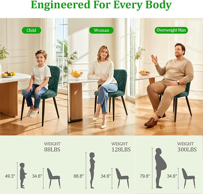 Upholstered Dining Chairs Set of 4, Mid Century Modern Fabric Dining Room Chair High-Back Padded Kitchen Chairs with Padded Seat and Metal Legs for Kitchen Dining Room Restaurant Cafe, Green