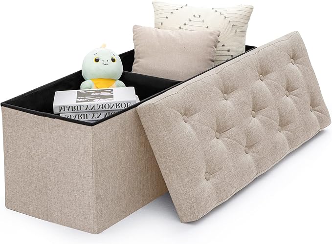 BRIAN & DANY 43 Inches Ottoman with Storage, Linen Storage Ottoman Bench, End of Bed Benches, Folding Ottomans for Bedroom, Living Room and Entryway (Beige)