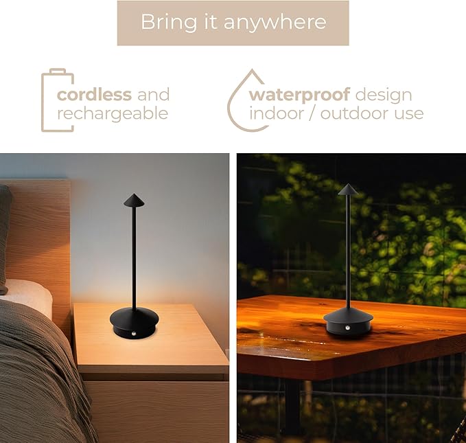 Arrrow LED Cordless USB-C Re-Chargeable Desk Lamp, 5200mAh Battery Operated with 3 Color Temperature 2700K-3000K-3500K and Fingertip Touch On/Off Plus Dimming in Black