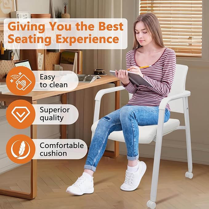 CLATINA Stacking Office Chairs with Wheels | Mesh Back, Thicken Leather Seat and Streamline Armrests, Ergonomic Lumber Support | School, Desk, Guest Reception, Waiting, Conference | Set of 4, White