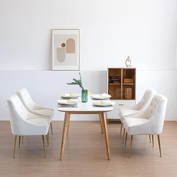 Modern Dining Chairs Set of 6, Mid Century Chairs with 5.12” Cushions and Golden Legs, Velvet Upholstered Dining Chairs with Back Pull Rod, for Kitchen, Living Room, Beige