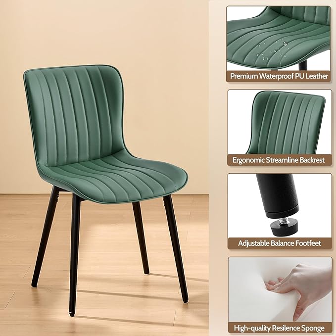 Modern Dining Chairs Set, Heavy Duty Upholstered Side Chairs with Faux Leather, Comfortable Cushions & Durable Metal Legs with Adjustable Feet, Perfect for Kitchen, Dining Room (Green, Set of 4)