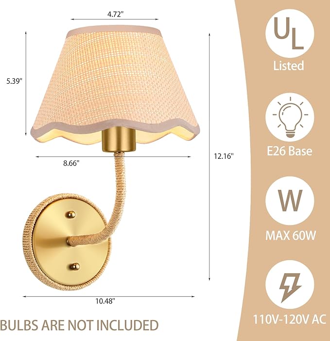 Boho Hand Woven Rattan Wall Sconces Set of Two Gold Rustic Wall Lamp Hardwire Brass Farmhouse Wall Mount Lights for Bedroom Living Room Hallway Vanity