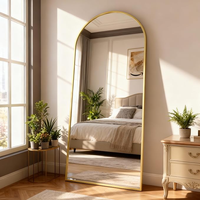 Arched Full Length Mirror, 71" L x 32" W Floor Mirror, Aluminum Alloy Frame, Shatterproof Glass - Free Standing, Leaning or Wall Mounted for Bedroom, Living Room, Entryway, Modern Home (Gold)