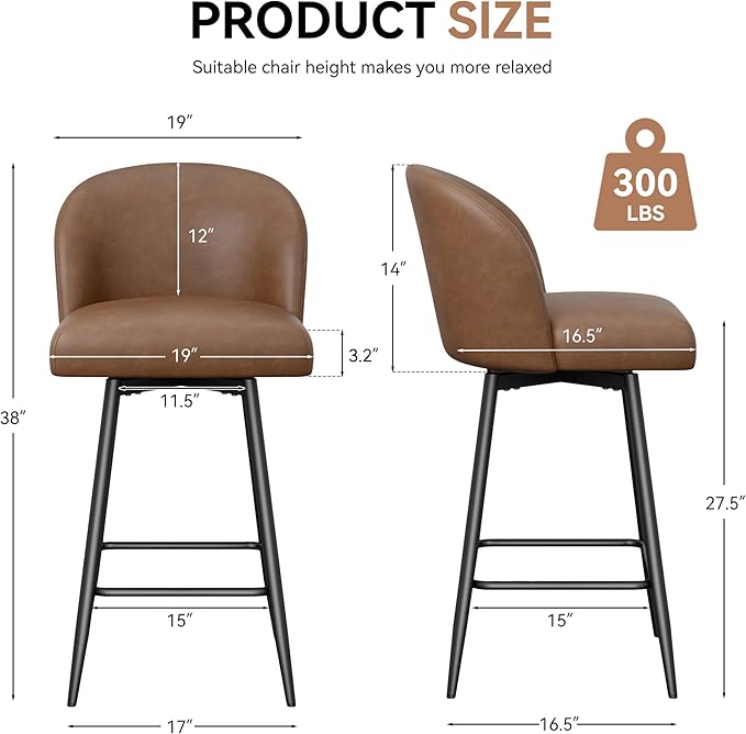 Counter Height Bar Stools Set of 2,360° Swivel Barstools with High Back and Metal Legs,26" Seat Height, Upholstered PU Leather Bar Chairs for Kitchen Island, Dining Room,Cafes,Yellow Brown