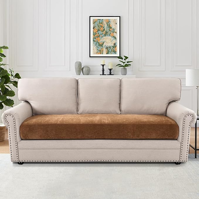 H.VERSAILTEX Stretch Chenille Sofa Covers for 3 Cushion Couch Thick Soft Sofa Covers Durable Sofa Cover for Dogs Non Slip Couch Covers for Sofa with Elastic Bottom(3 Seater Sofa Cushion Cover,Caramel)
