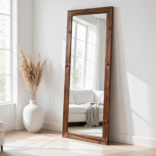 Yumyolk Full Length Mirror with Stand 64"x26" Large Vintage Wood Wall Mounted Mirrors for Bedroom Brown