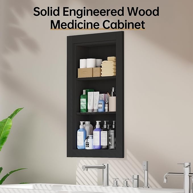 Recessed Medicine Cabinet,14x24 Recessed Wall Niche Medicine Cabinet Replacement, Water-Proof Wood Wall Niche for Bathroom/Hallway, Black