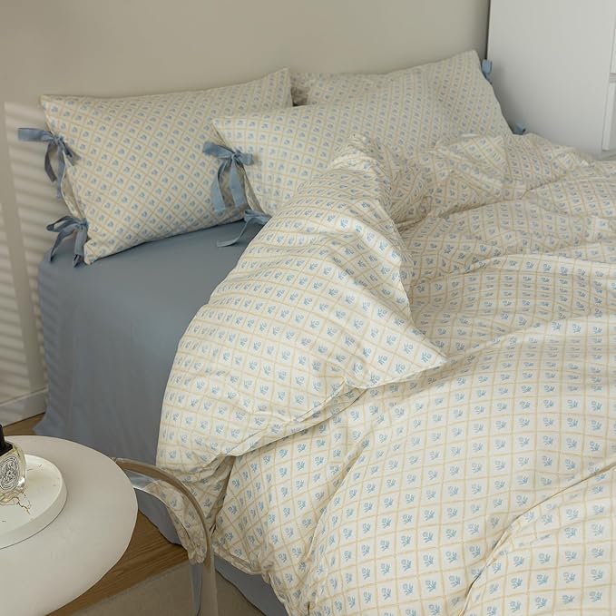 Blue Floral Duvet Cover King Soft Cotton Garden Style Floral Bedding Comforter Cover Plaid Grid Design Vintage Blue Flower Duvet Cover with 2 Bowknot Pillowcases Botanical Cottagecore Bedding Set