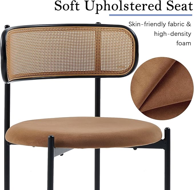 Rattan Dining Chairs Set of 4, Mid Century Modern Dining Chairs with Cane Back and Boucle Upholstered Seat, Farmhouse Kitchen Chairs for Dining Room and Living Room, Brown