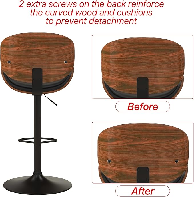 KCC Bar Stools Set of 4, Swivel Adjustable Height Barstools, PU Leather Upholstered Bar Chairs with Footrest, Bentwood Bar Stool for Kitchen, Bar, Dining Room(Black PU)