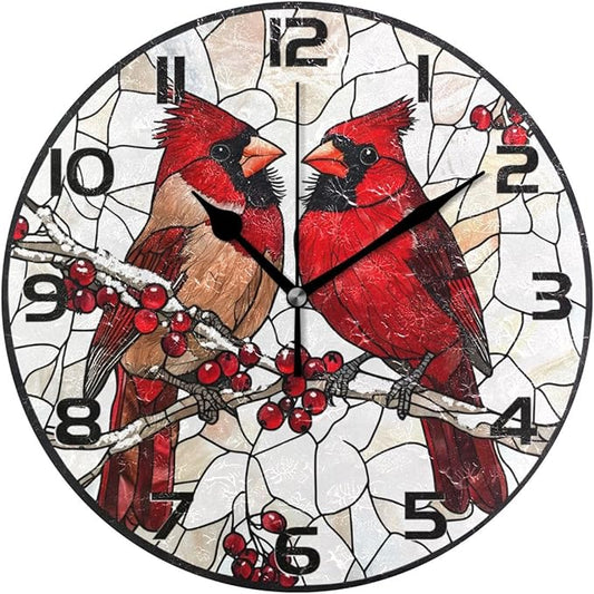 Wall Clocks Decorative Bedroom Silent Living Room Desktop Berry Bird Christmas Tabletop Shelf Clocks Round Battery Operated 10 Inch Non-Ticking