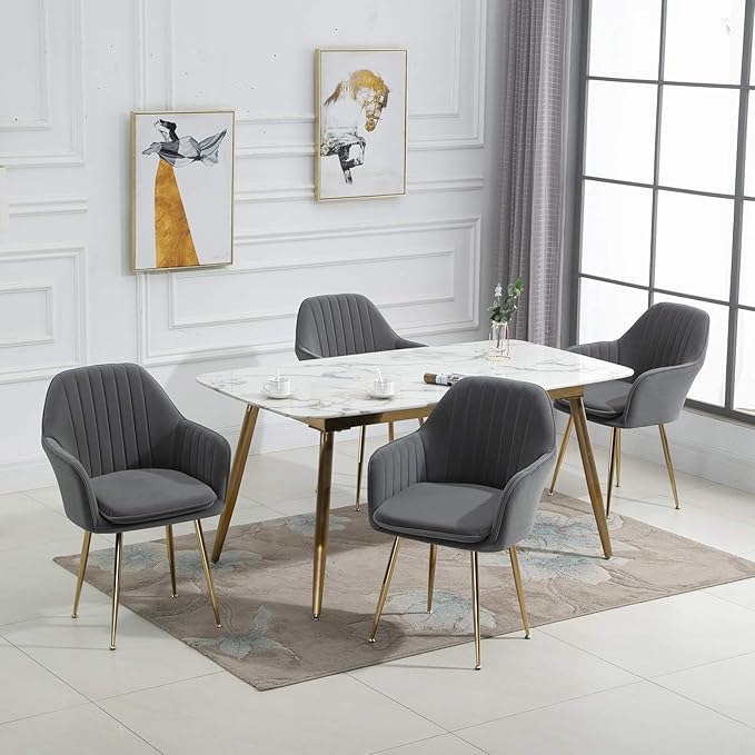 ECOTOUGE Modern Dining Chairs Set of 4, Upholstered Dining Room Chairs with Golden Metal Legs, Matte Velvet Kitchen Chairs for Dining Table, Accent Chairs for Living Room, Grey