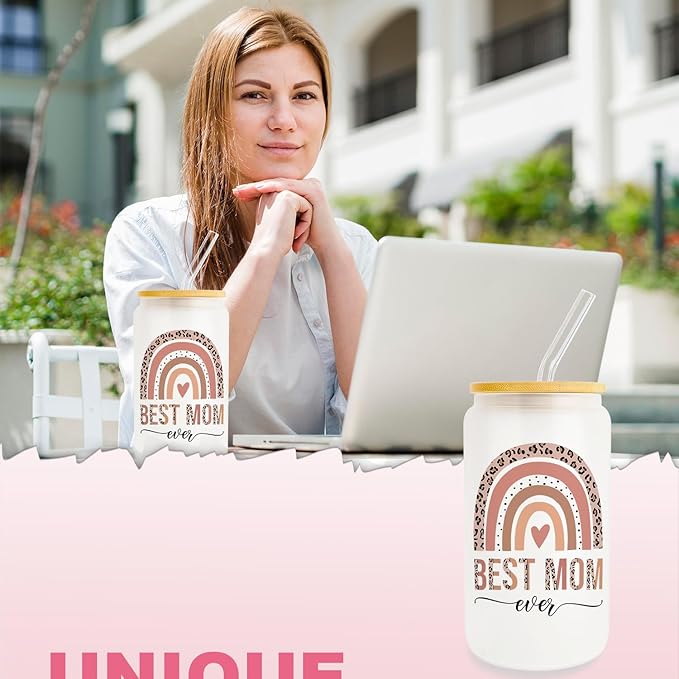Best Mom Gift for Mother from Daughter Son, Gifts for Mom Iced Coffee Cup, Unique Mom Birthday Gifts, Thank You Mom Gift Ideas for Mother, 16oz Glass Cup with Lid and Straw