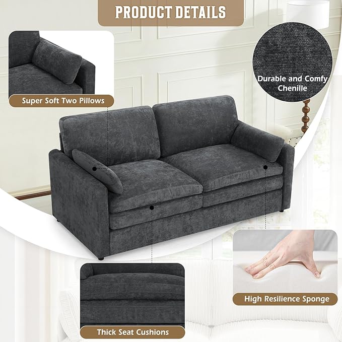 69" Chenille Modern Couch with Cozy & Soft Backrests, 2 Seats Sofa with 2 Extra Pillows, Comfy Upholstered Sofa with Thicker Cushions for Living Room, Office, Grey