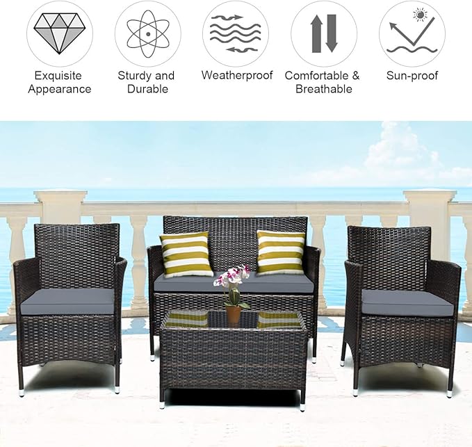 Tangkula 4 PCS Patio Rattan Conversation Set, Outdoor Wicker Furniture Set with Tempered Glass Coffee Table &Thick Cushion, Rattan Chair Wicker Set for Garden, Lawn, Poolside and Backyard (1, Gray)