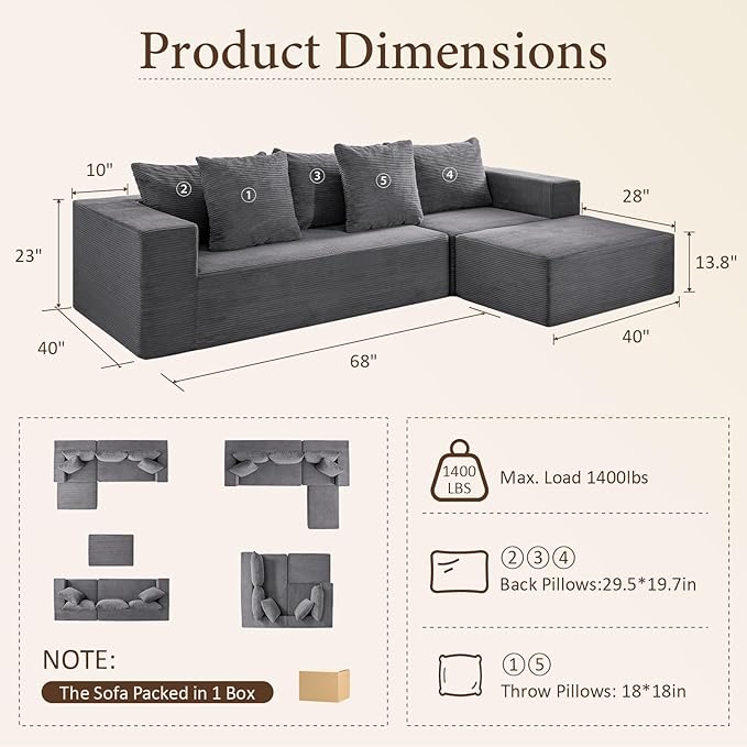 INGEROOM 108" Cloud Sectional Couch with L-Shape Chaise, Modular Sofa Memory Foam, 3 Module Boneless Sofa with Movable Ottoman, Upholstered Couches for Living Room, No Assembly Required, Dark Gray