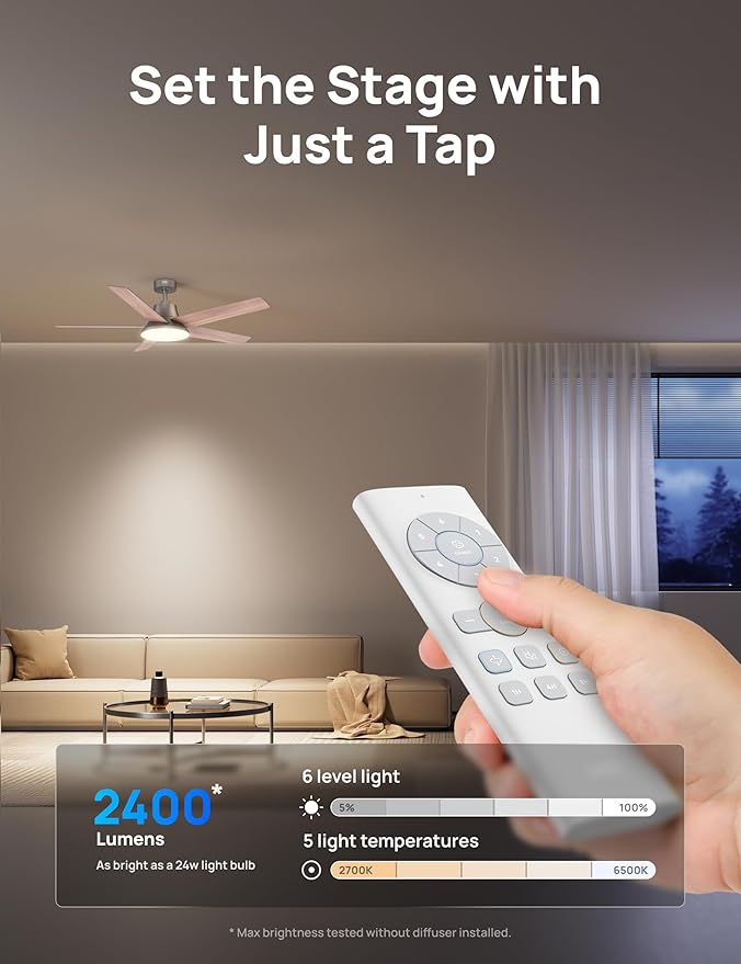Dreo Ceiling Fans with Lights and Remote, 52 Inch, 6 Speeds, 5 Color Tones Dimmable LED, Quiet Reversible DC Motor, 8H Timer, Silver Ceiling Fan for Bedroom, Living Room, Easy to Install