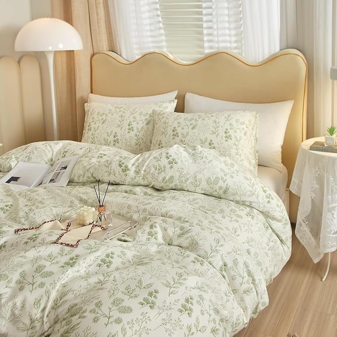 Vintage Boho Floral Duvet Cover Queen White Green Floral Print Bedding Set Cotton Botanical Floral Comforter Cover Garden Flowers Aesthetic Bedding Cover Boho Style Queen Duvet Cover with Zipper Ties