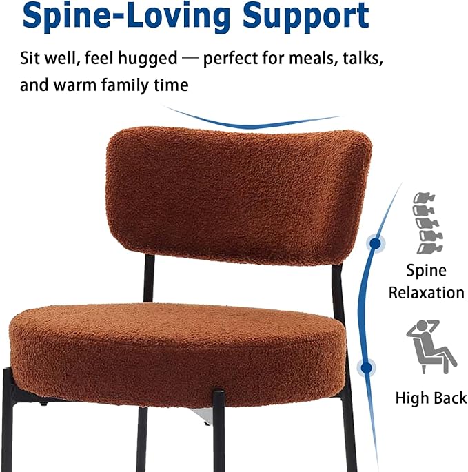 Brown Boucle Dining Chairs Set of 2, Upholstered Dinner Chair with Metal Frame, Dining Room Chairs with Padded Seat, Round Modern Seating for Living Room