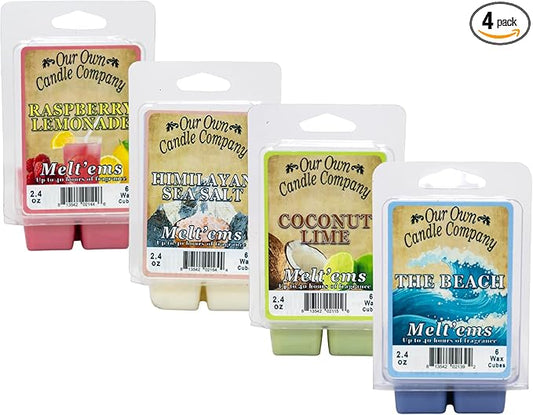 Our Own Candle Company Premium Wax Melt, The Beach, Coconut Lime, Himalayan Sea Salt, and Raspberry Lemonade, Summer Variety Pack, 6 Cubes, 2.4 oz (4 Pack)