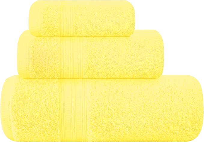 BOUTIQUO Ultra Soft 3 Pack Cotton Towel Set, Contains a Bath Towels 27x54 inch, a Hand Towels 16x24 inch & a Wash Coths 12x12 inch, Ideal Everyday use, Compact & Lightweight - Lime Yellow
