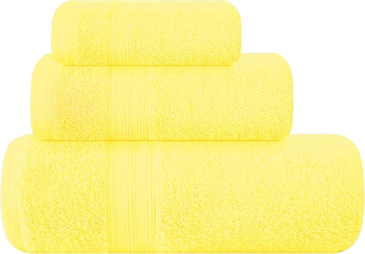 BOUTIQUO Ultra Soft 3 Pack Cotton Towel Set, Contains a Bath Towels 27x54 inch, a Hand Towels 16x24 inch & a Wash Coths 12x12 inch, Ideal Everyday use, Compact & Lightweight - Lime Yellow