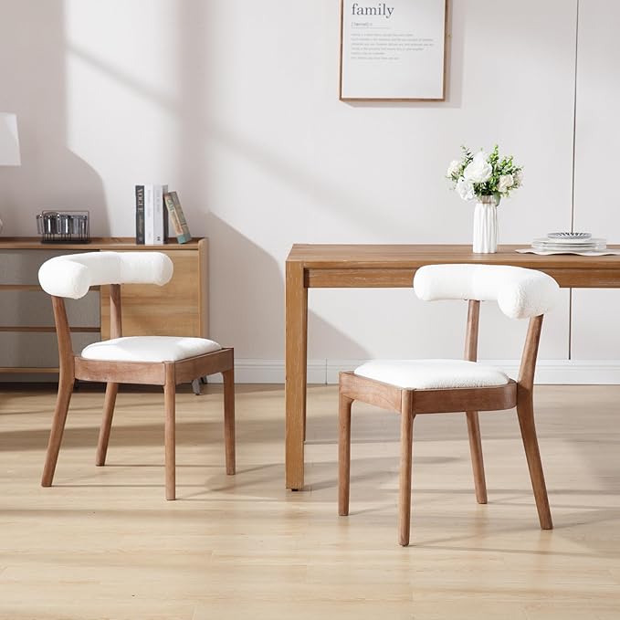 Kmax Dining Room Chairs Mid-Century Modern Sherpa Kitchen Chairs with Natural Walnut Finished Frame, Fur Curved Back, Set of 4, White