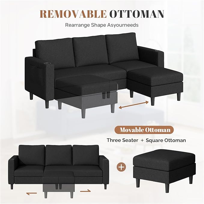 Upholstered Sectional Sofa and Couches, 78'' L Shaped 3-seat Sofa forLiving Room, Apartment, Lounge,Bedroom-Washable Covers Convertible Sofas(Linen Fabric,Black)