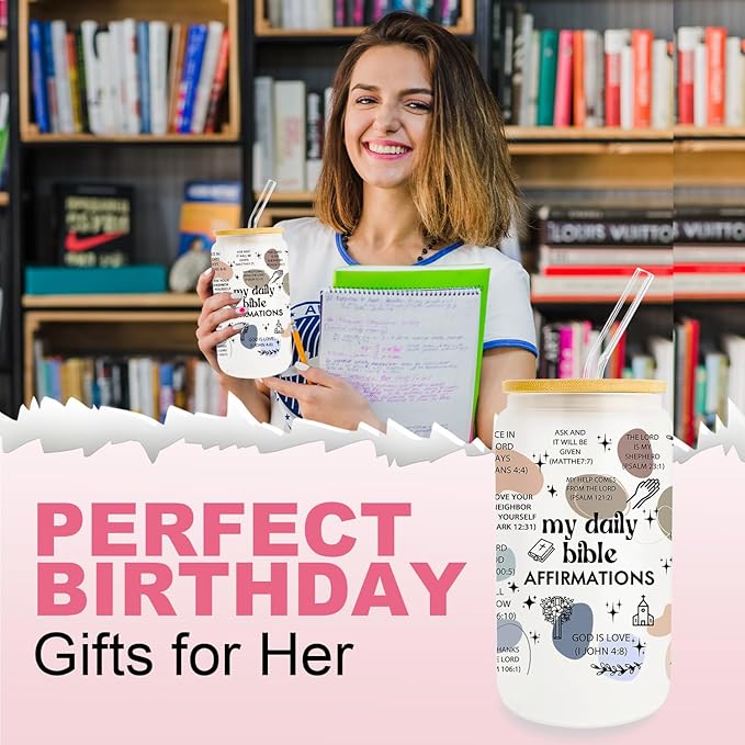 Christian Gifts for Women Birthday, Inspirational Religious Gifts, 16 Oz Can Glass Cups With Lid Straw for Friends with Bible Verse, Religious Gifts, Spiritual Gifts for Her Female Coworker