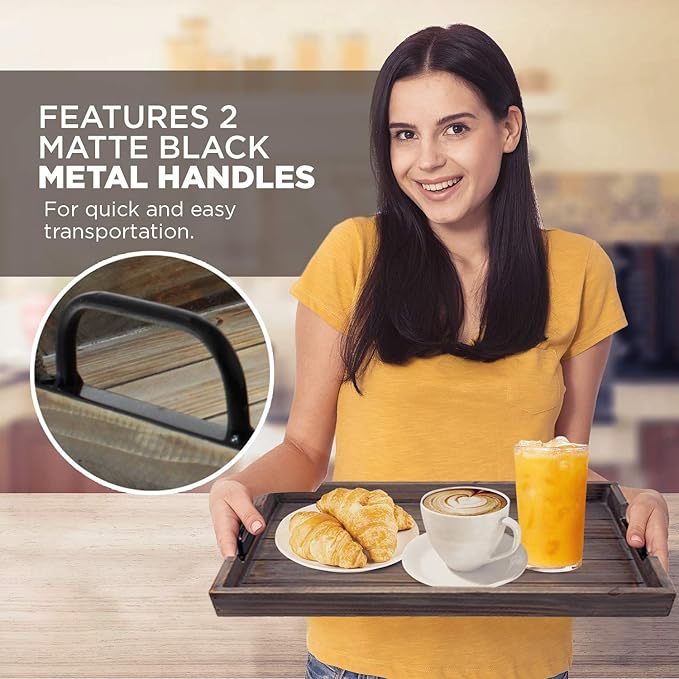 3 Pie­ce Decorative Nested Vintage Wood Serving Tray Set for Coffee Table or Ottoman – Rustic Wooden Breakfast Trays for Kitchen, Dining Room, or Living Room – Farmhouse Platter w/Handles - Barnwood