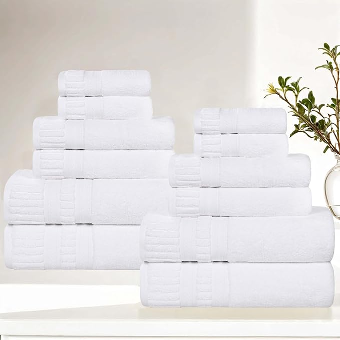 Superior Venice Zero Twist Cotton Medium Weight Towels, for Guest Bath, Bathroom, Shower, Spa, Plush Towels, Bath Essentials, Ribbed Textured Border, 12 Piece Assorted Towel Set, White