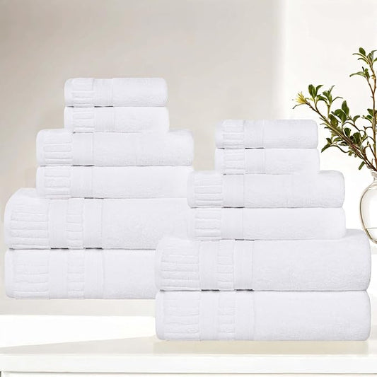 Superior Venice Zero Twist Cotton Medium Weight Towels, for Guest Bath, Bathroom, Shower, Spa, Plush Towels, Bath Essentials, Ribbed Textured Border, 12 Piece Assorted Towel Set, White