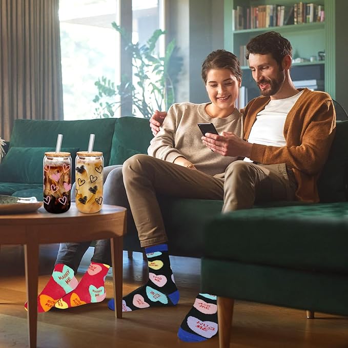 Valentine Glass Cups with Socks, Valentine Gifts For Him/Her, 18 OZ Hearts Glass Cups Gifts,Warm Socks for Women Men, Couple Iced Coffee Cups,Glass Cups with Lids and Straws - 2 Sets