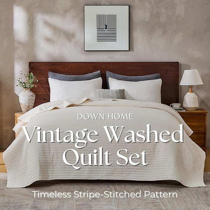 DOWN HOME Twin Quilt Bedding Set with Sham, Vintage Washed Soft Quilted Blanket Thin Comforter Lightweight Bedspread Coverlet Bed Cover, Brushed Microfiber Stripe Stitching, Linen White, 66"x92"