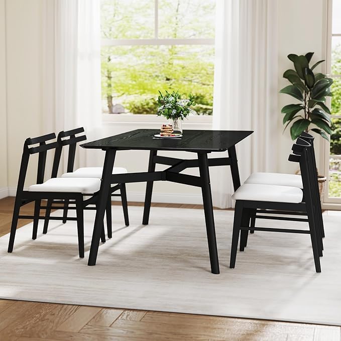 VESCASA 59" L Wood Rectangle Dining Table for 4, Rectangle Kitchen Table for 6 with 4 Solid Wood Legs for Dining Room, Kitchen, Restaurant, Black