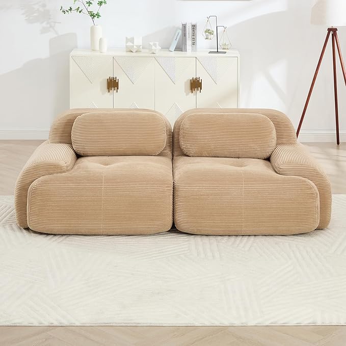 80" Modern Corduroy Boneless Love Seat Couches, 2 Seater Large Sectional Couches for Living Room, Camel Cloud Modular Sectional Sofa, Memory Foam, Extra Deep Loveseat, No Assembly