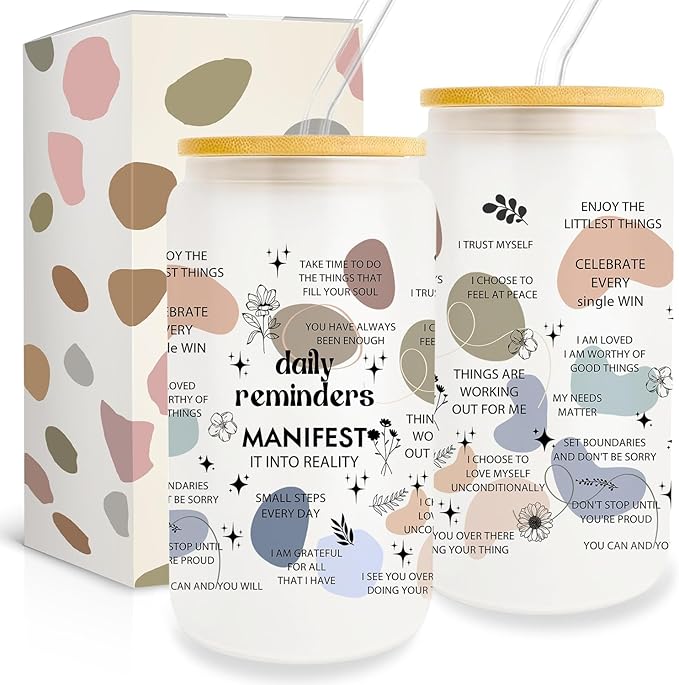 Mental Health Gift for Her, Inspirational Gift for Women Friends,16oz Glass Cup with Lid and Straw, Motivational Gifts for Women Sister Bestie