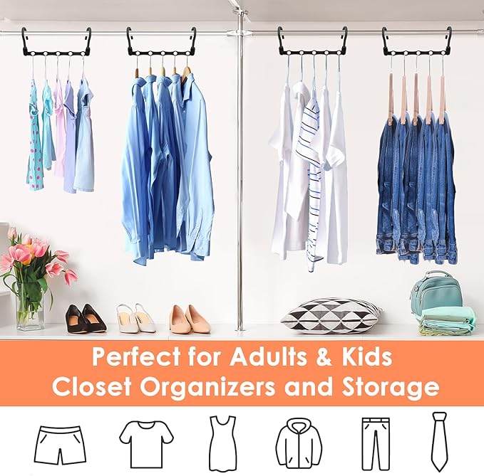 Magic Clothes Hangers Space Saving, Premium Closet Organizers and Storage, Sturdy Plastic Cascading Hanger with 5 Holes for Heavy Clothes, College Dorm Room Essentials, 4 Pack